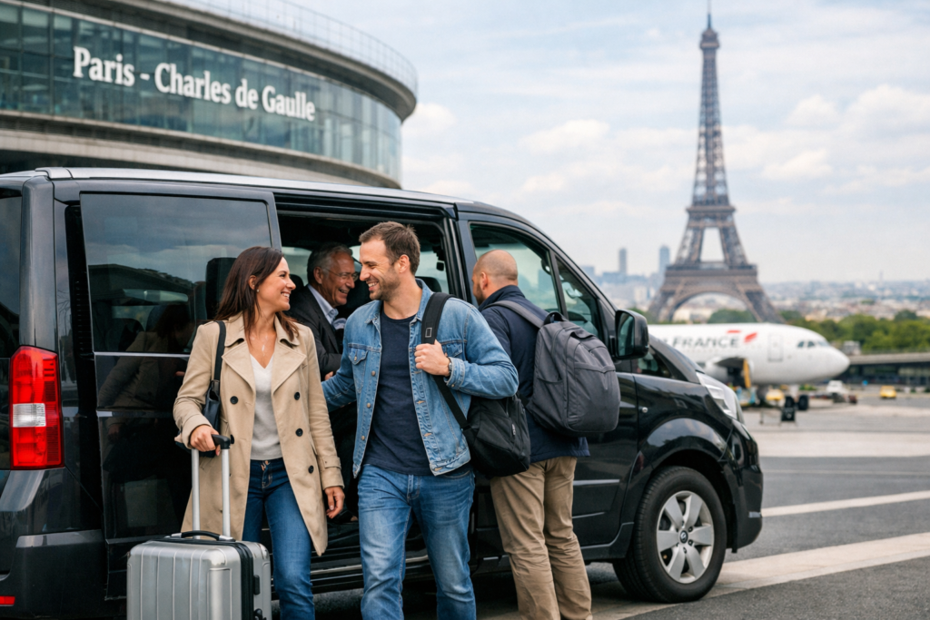 Navette de transfert aéroport à Paris avec passagers et valises, service de transport dans la capitale.
