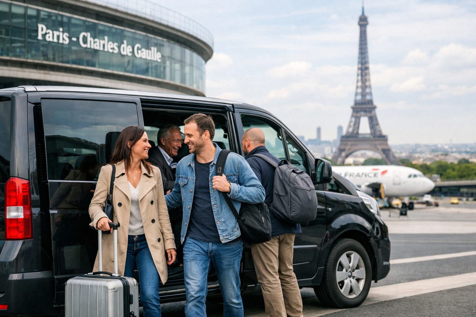 Navette de transfert aéroport à Paris avec passagers et valises, service de transport dans la capitale.