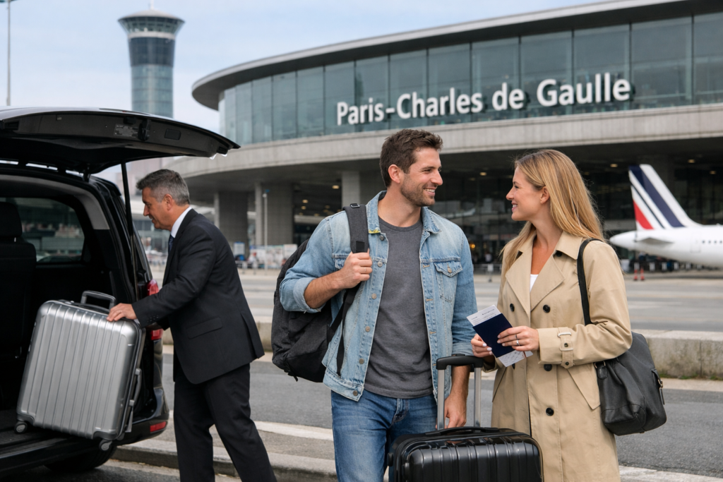 Voyageur avec valise lors d’un transfert vers l’aéroport Paris CDG pour un départ.