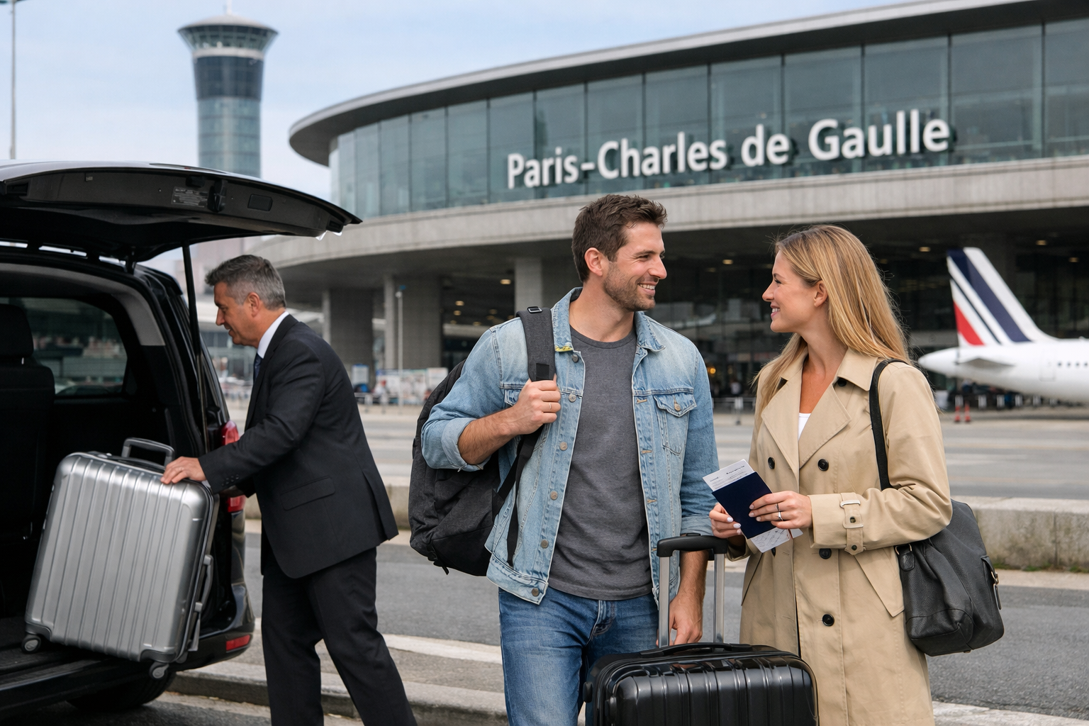 Voyageur avec valise lors d’un transfert vers l’aéroport Paris CDG pour un départ.