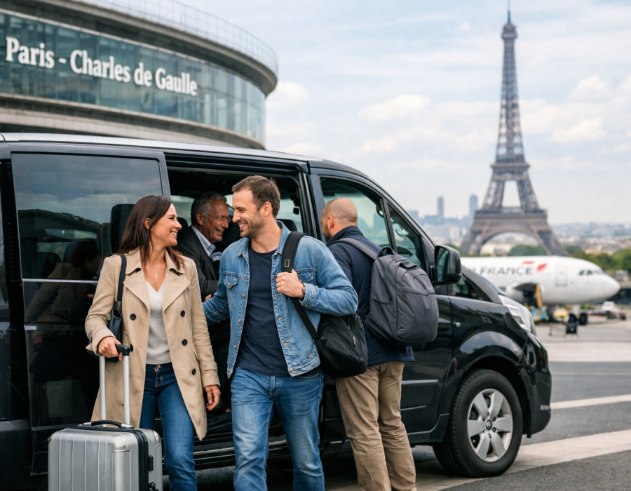 Navette de transfert aéroport à Paris avec passagers et valises, service de transport dans la capitale.