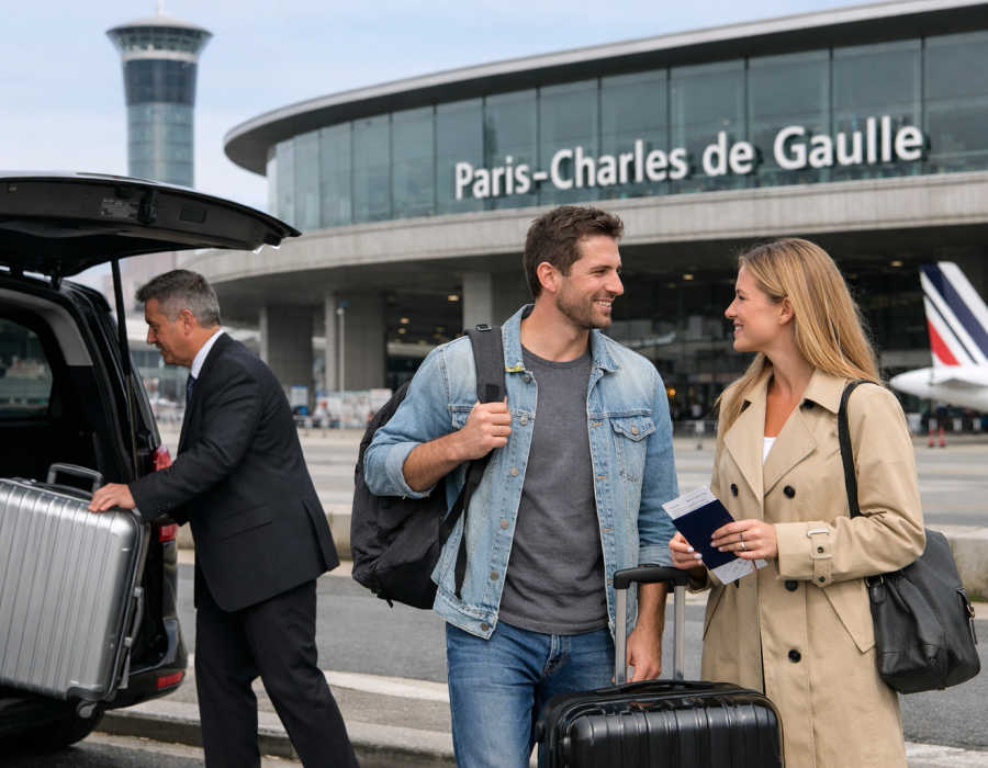 Voyageur avec valise lors d’un transfert vers l’aéroport Paris CDG pour un départ.